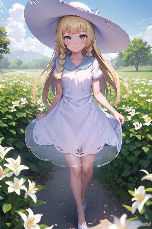 1 girl, masterpiece, top quality, lillie (pokemon), lillie, dress, green eyes, blonde hair, long hair, white dress, blush, white hat, big hat, looking at viewer, , braids, twin braids, blonde, Full body image, outdoors, nature, sky, cute, happy, nice smile, young, bright sunlight, lily flower, have flowers, white lily, (masterpiece:1.2), best quality, high resolution, unity 8k wallpaper, (illustration:0.8), (beautiful detailed eyes:1.6), extremely detailed face, perfect lighting, extremely detailed CG, (perfect hands, perfect anatomy),