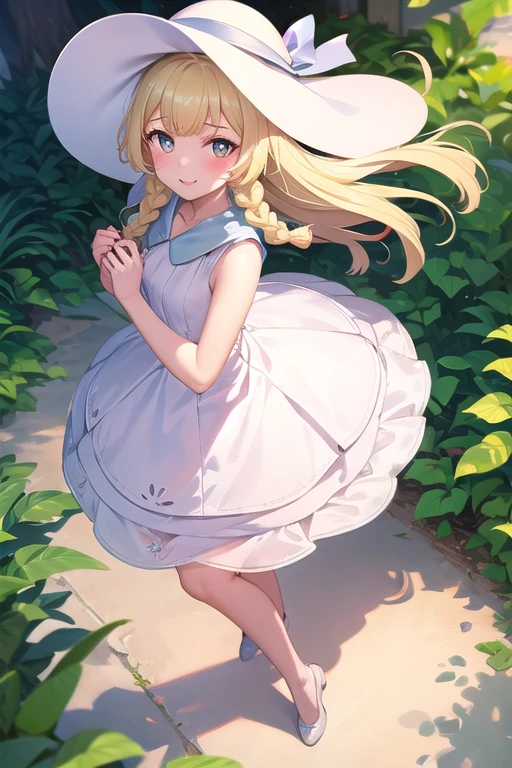 1 girl, masterpiece, top quality, lillie (pokemon), lillie, dress, green eyes, blonde hair, long hair, white dress, blush, white hat, big hat, looking at viewer, 10 years old, braids, twin braids, blonde, Full body image, outdoors, nature, sky, cute, happy, nice smile, young, bright sunlight, lily flower, have flowers, white lily, (masterpiece:1.2), best quality, high resolution, unity 8k wallpaper, (illustration:0.8), (beautiful detailed eyes:1.6), extremely detailed face, perfect lighting, extremely detailed CG, (perfect hands, perfect anatomy),