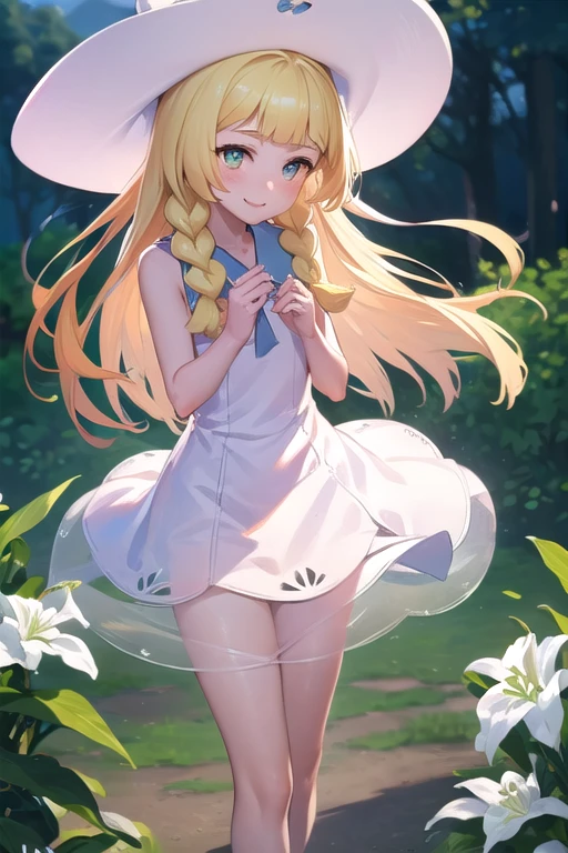 1 girl, masterpiece, top quality, lillie (pokemon), lillie, dress, green eyes, blonde hair, long hair, white dress, blush, white hat, big hat, looking at viewer, 10 years old, braids, twin braids, blonde, Full body image, outdoors, nature, sky, cute, happy, nice smile, young, bright sunlight, lily flower, have flowers, white lily, (masterpiece:1.2), best quality, high resolution, unity 8k wallpaper, (illustration:0.8), (beautiful detailed eyes:1.6), extremely detailed face, perfect lighting, extremely detailed CG, (perfect hands, perfect anatomy),