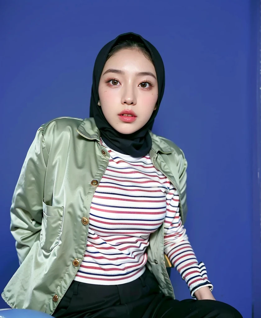 (Best quality, 8k, 32k, Masterpiece, UHD:1.2),Photo of Pretty Japanese hijab woman, large breasts, tight shirt, clean background, photo studios, fetish hijab, woman hijab sitting in a chair, digital art, gucci style, gucci clothes, album, official artwork, streetwear graphic design ,photo in studio, clean background, The Queen.