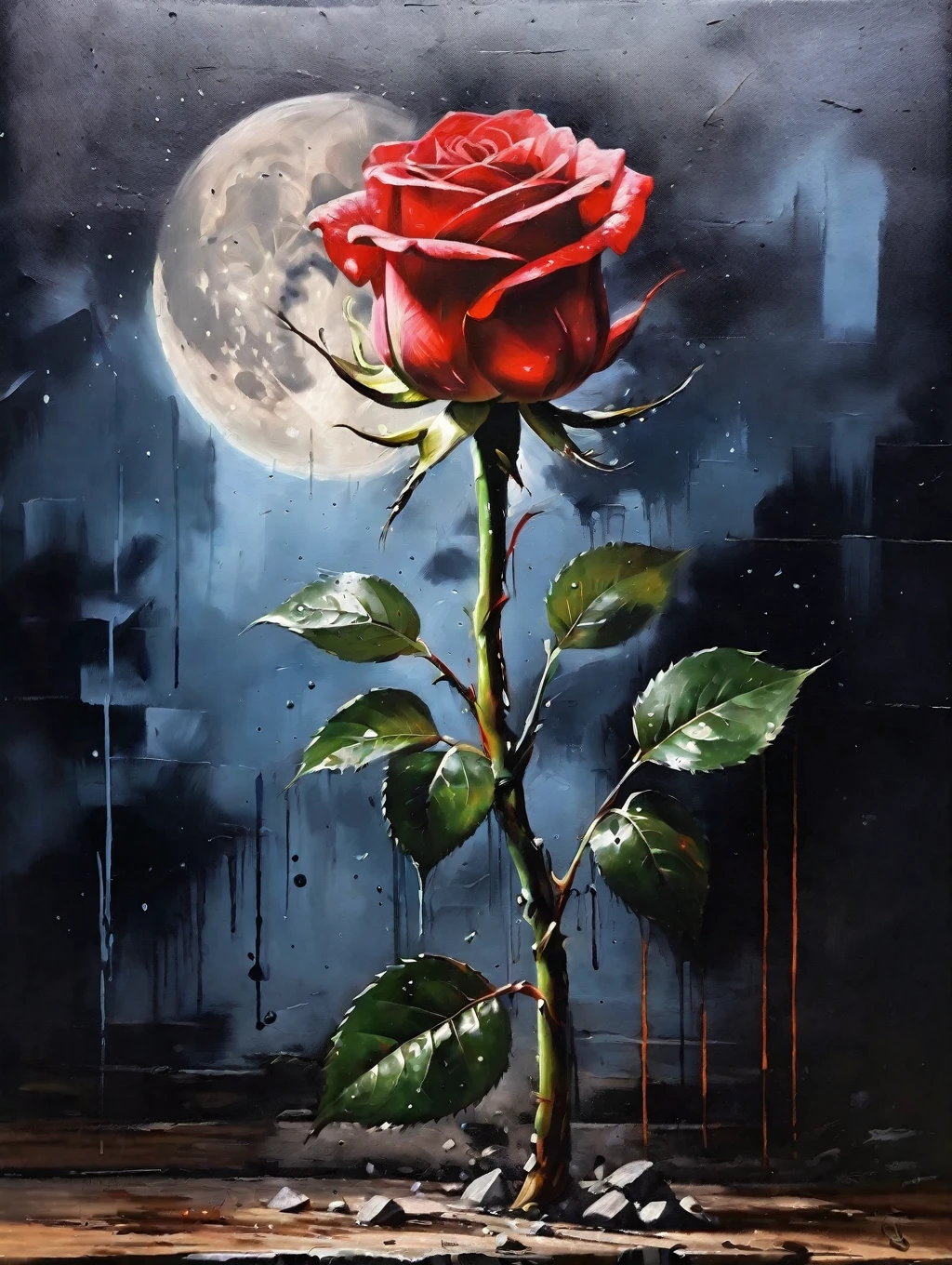 tuberculosis, The red rose oil painting is very realistic., growing along the road, stem coming out of concrete, nighttime, light and shadow, moonlight, UHD 4K resolution, 