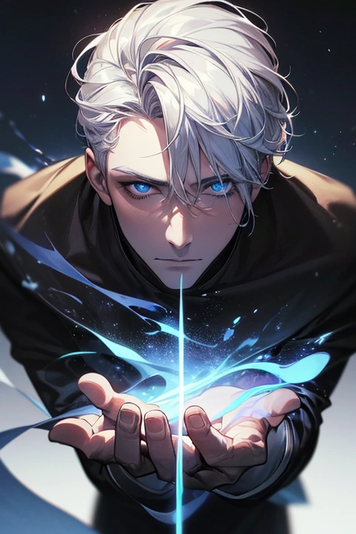 (best quality digital art digital illustration 4k high resolution beautiful image hyper-detailed image perfect lines soft lighting night environment smooth zoom perfect face) (1:1 photorealistic) (neutral colors hdr 1.4) an adult 35 year old man (thoughtful expression) very beautiful eyes deep blue medium white hair modern clothes black (dark background)