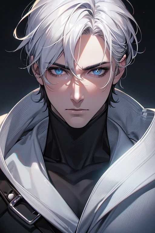 (best quality digital art digital illustration 4k high resolution beautiful image hyper-detailed image perfect lines soft lighting night environment smooth zoom perfect face) (1:1 photorealistic) (neutral colors hdr 1.4) an adult 35 year old man (thoughtful expression) very beautiful eyes deep blue medium white hair modern clothes black (dark background)