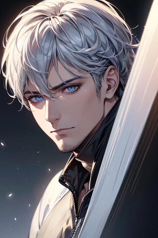 (best quality digital art digital illustration 4k high resolution beautiful image hyper-detailed image perfect lines soft lighting night environment smooth zoom perfect face) (1:1 photorealistic) (neutral colors hdr 1.4) an adult 35 year old man (thoughtful expression) very beautiful eyes deep blue medium white hair modern clothes black (dark background)