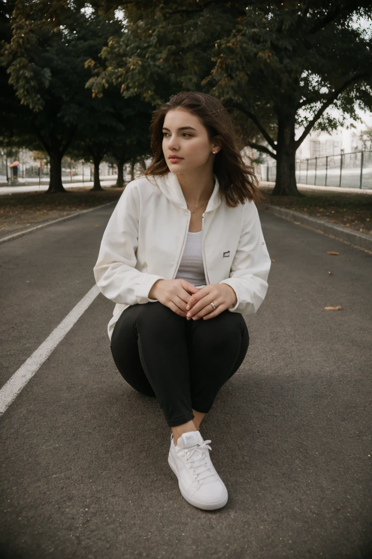 20 y.o Stella Reign, supermodel, perfect beautiful face, natural skin texture, light brown hair, brown eyes, proportional sexy posture, sport outfit, jogging, city park