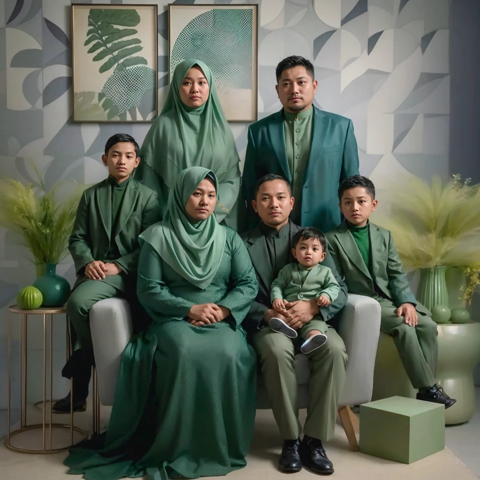 Studio Photography, close up, 6 people, an Indonesian couple aged 55 sits on a couple's chair, stand behind them there's couple aged 38, a man slightly overweight short buzz hair and a woman wearing long compliant pashmina hijab holding on a  boy aged 2, accompanied by two boys aged 10, l wearing green emerald suits for man and gamis sharia for woman, sets at studio with modern abstract patterned walls, green flower vases, side tables, fresh color, 8k, photography, UHD.