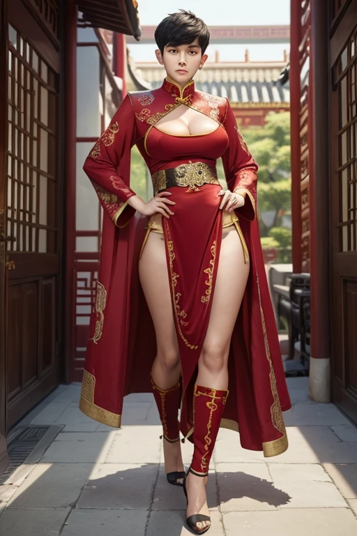 a young man having long legs, thick thighs, large hips, thin and narrow weist, big large feminine breasts, large male reproductive organs and Chinese dress, very small spikey boyish haircut, man , wide hips, bearded man, man,penis bulge