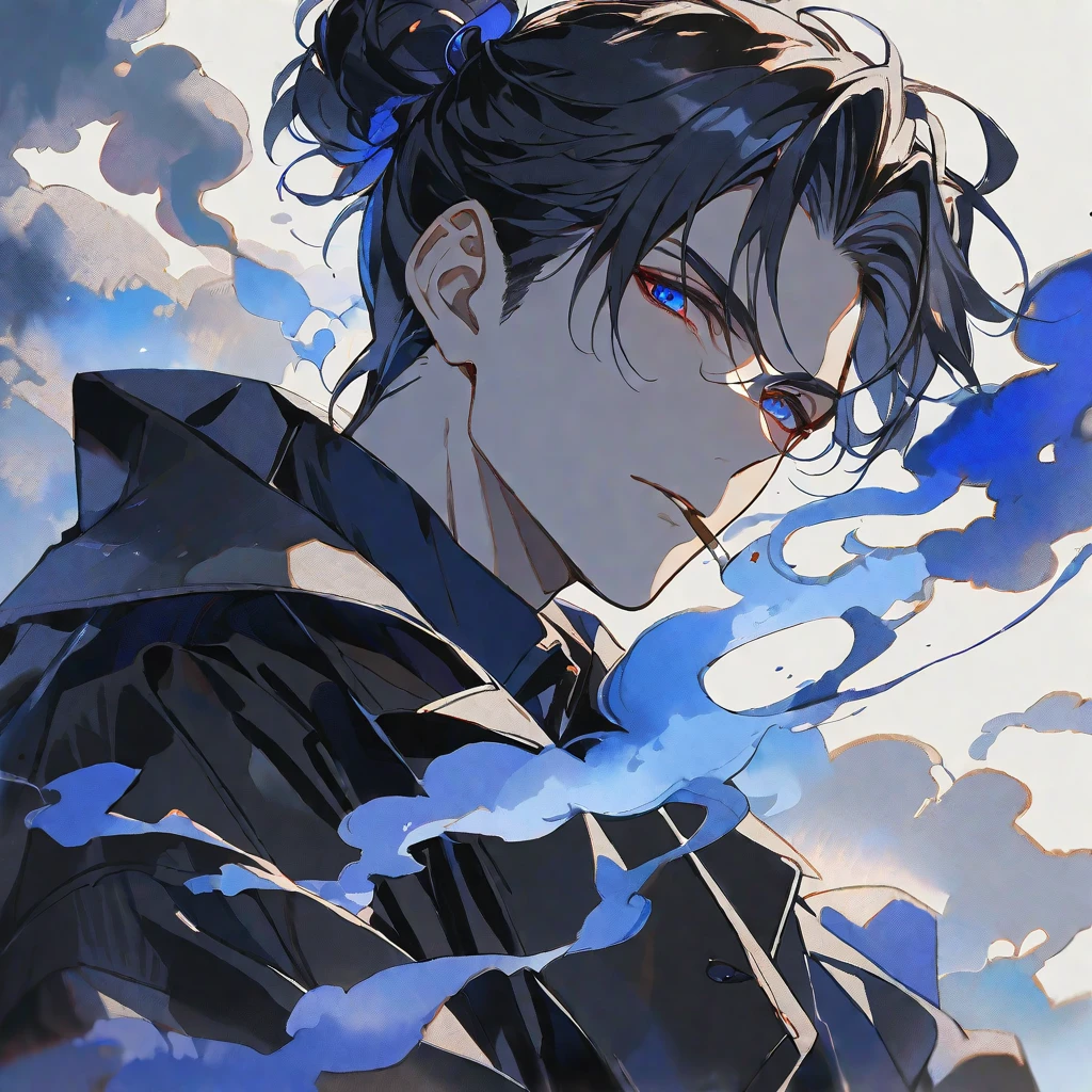 solo, handsome, Watercolor,1 male, Man Bun,short hair, black hair, red & blue eyes,black light, black coat, smoke, smoking, blue fire