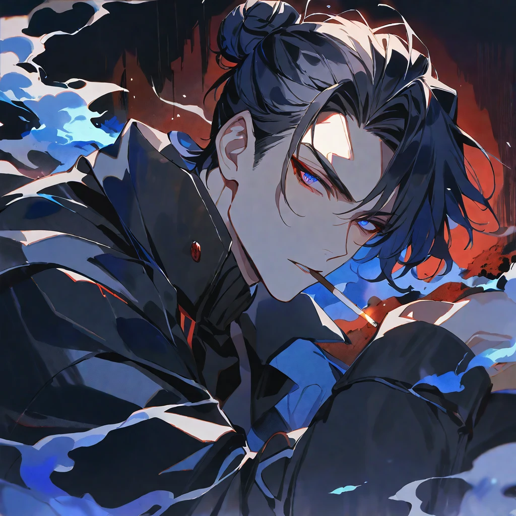 solo, handsome, Watercolor,1 male, Man Bun,short hair, black hair, red & blue eyes,black light, black coat, smoke, smoking, blue fire