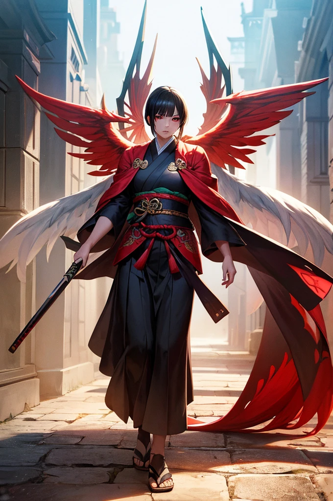masterpiece, Highest quality, Super detailed, CG illustration, High resolution, Better lighting, Best Shadow, Very delicate and beautiful, Proper shading, High resolution, 8k, Ray Tracing, Highly detailed and crisp backgrounds, Perfect lighting, Anime Style, game「Magic Swordsman」Inspired by: House of Ruby (Tengu, Winged Mountain God, Aggressive, Red and white colors), strength, Samurai Punk, alone, 1 female, Black Hair, Red eyes, Adult, Obi tassel,