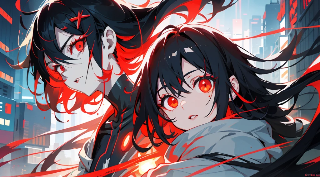anime girl with red eyes and black hair in a city, with red glowing eyes, with glowing red eyes, anime cyberpunk art, detailed digital anime art, red eyes glowing, cyberpunk anime art, digital cyberpunk anime art, glowing red eyes, red glowing eyes, intense watery glowing red eyes, fully red eyes, luminous red eyes, with red eyes