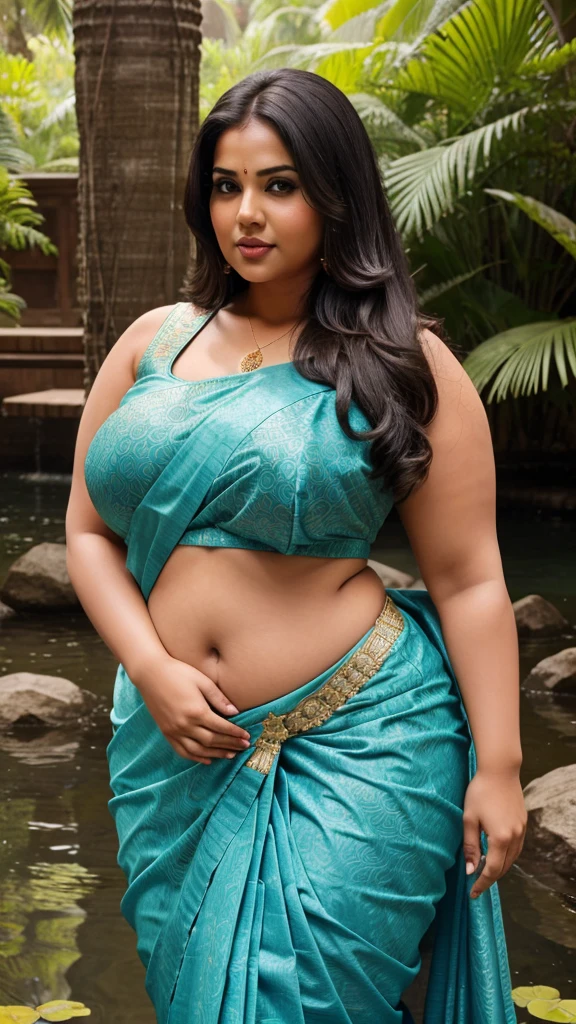 Indian bbw chubby cute 35 years old marriage women lifelike, high - resolution 1 bbw women with a perfect figure Super fine face and eyes, slong hair, small Tank top dark bluecolors, Wearing a traditional saree, bulky figure, huge big extra large and tits, full body ,looking front ,big butt, fair complexion, pond backgrounds. Big breast, Plus size, body back pose 