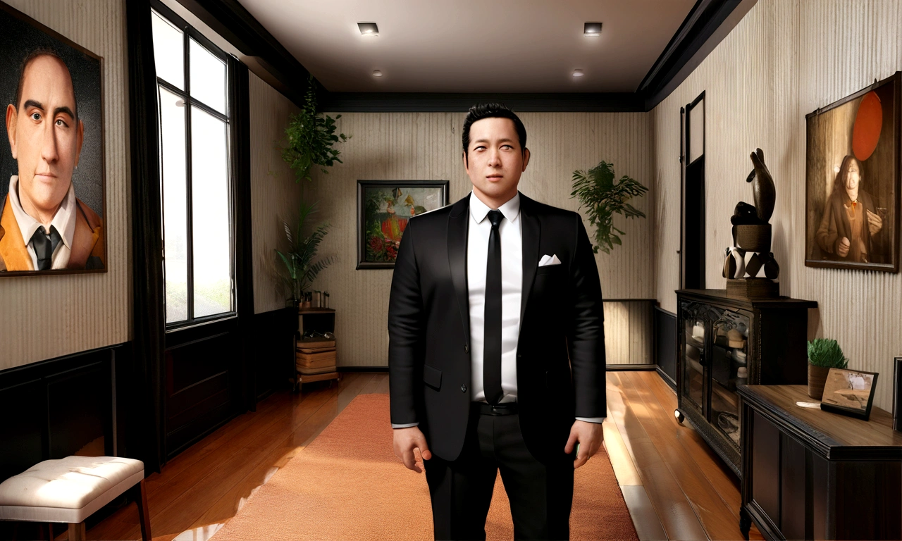 Hyperrealistic 3D Cartoon style character, 32 year old man, ideal fat body, short black hair, and wearing black suit and white shirt and black tie, yuppie, black olive, bohemian, dark academia interior design, contemporary architecture , photopainting, autodesk maya, boho clothing, blazers