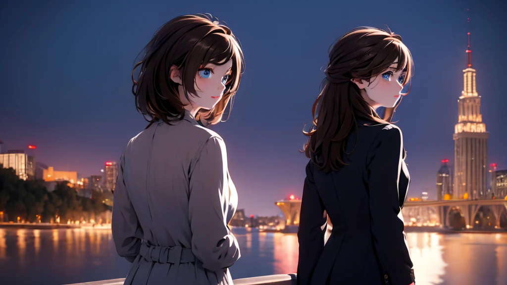 1 girl, medium light brown hair, light blue eyes, wearing black suit, night city, absurdres, high res, ultrasharp, 8K, masterpiece, looking from behind
