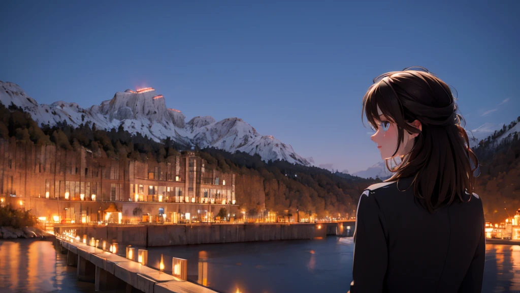 1 girl, medium light brown hair, light blue eyes, wearing black suit, night city, absurdres, high res, ultrasharp, 8K, masterpiece, looking from behind