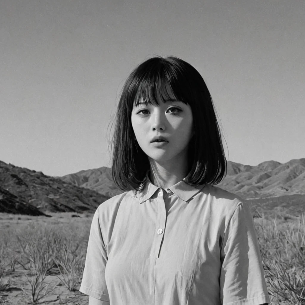 1woman, lost in the desert (anime), bizarre scenario, Junji Ito, Yusuke Murata, black and white, 8k, anime, horror