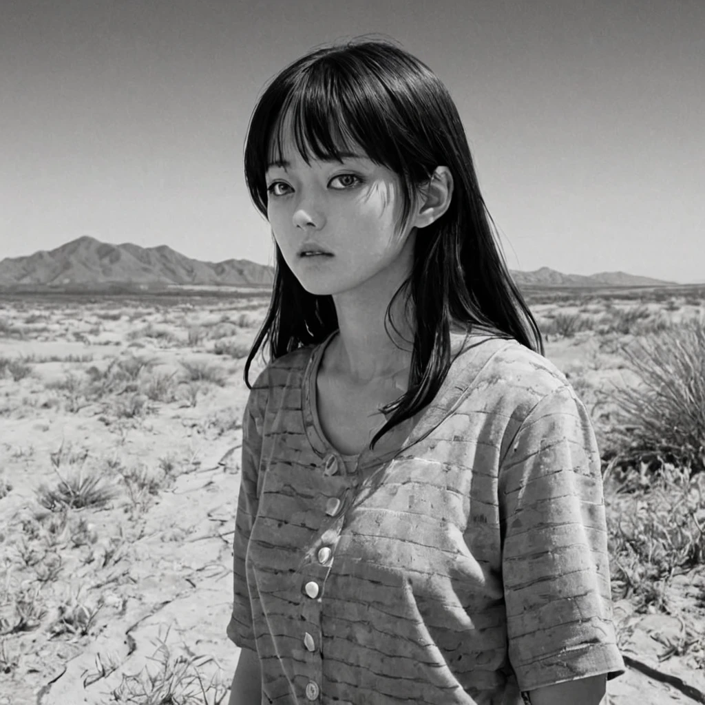 1woman, lost in the desert (anime), bizarre scenario, Junji Ito, Yusuke Murata, black and white, 8k, anime, horror