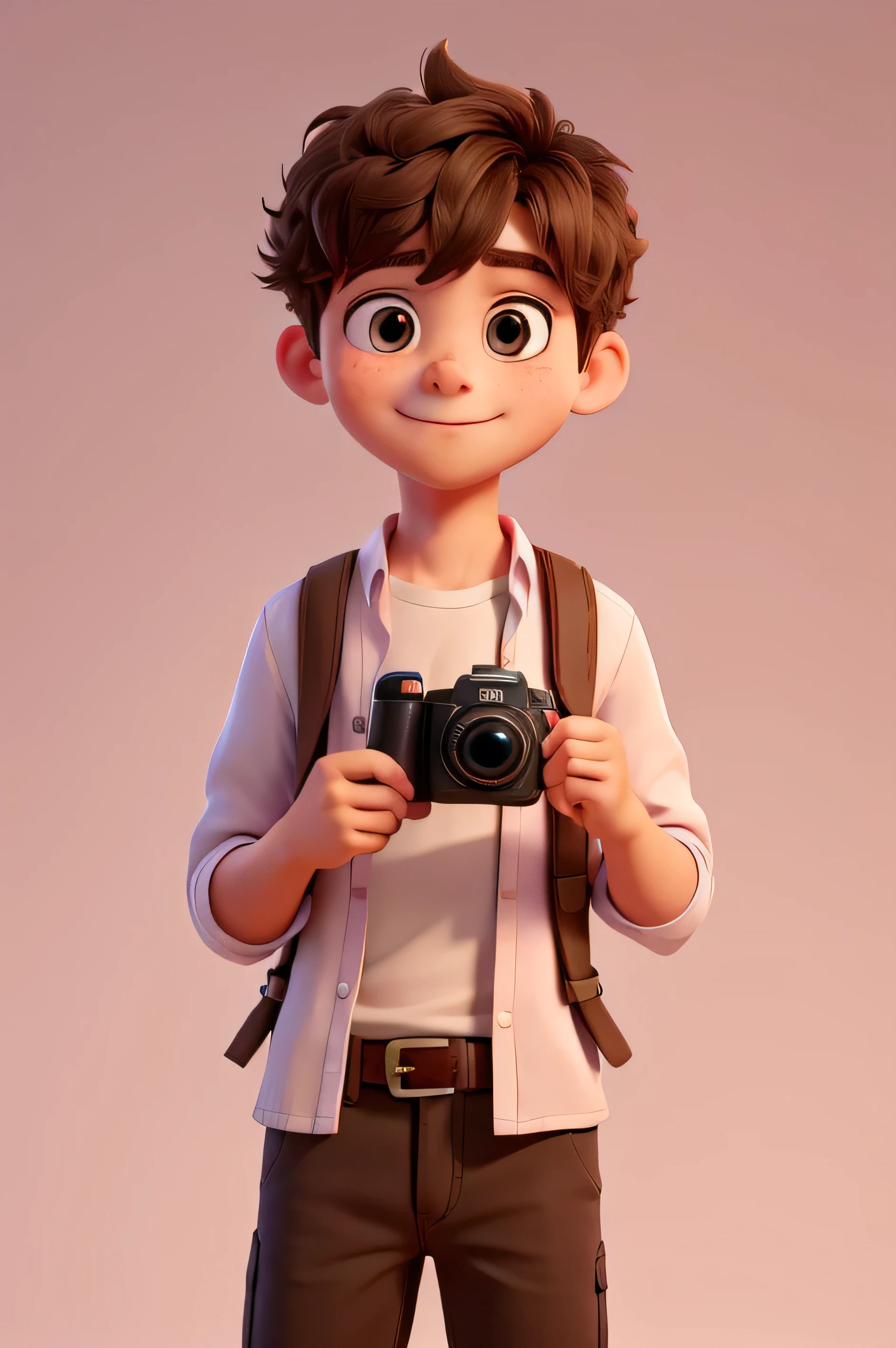 Cute boy holding a camera in his both hands wearing pink white wearing white shirt brown eyes brown eyes deep brown eyes 

