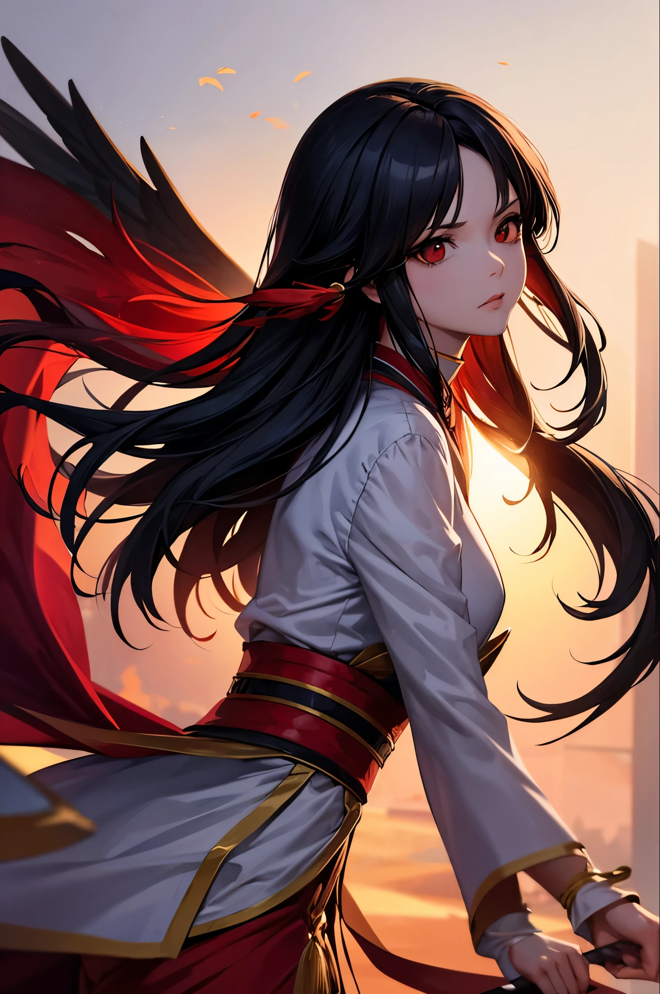 masterpiece, Highest quality, Super detailed, CG illustration, High resolution, Better lighting, Best Shadow, Very delicate and beautiful, Proper shading, High resolution, 8k, Ray Tracing, Highly detailed and crisp backgrounds, Perfect lighting, Anime Style, game「Magic Swordsman」Inspired by: House of Ruby (Tengu, Winged Mountain God, Aggressive, Red and white colors), strength, Samurai Punk, alone, 1 female, Black Hair, Red eyes, Adult, Obi tassel,