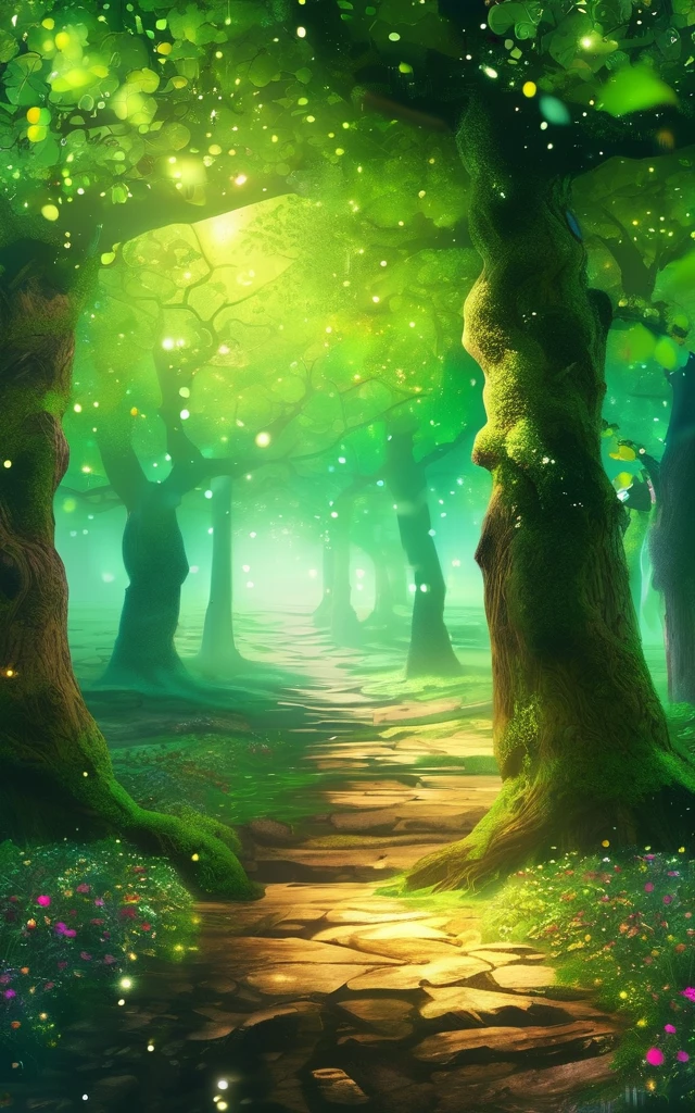 forest、Left and right，Apple Tree，Very bright color, Particles of light,  Wallpaper Art, UHD wallpaper、mysterious、Impersonal、