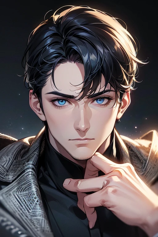 (best quality digital art digital illustration 4k high resolution beautiful image hyper-detailed image perfect lines soft lighting night environment smooth zoom perfect face) (1:1 photorealistic) (neutral colors hdr 1.4) an adult 35 year old man (thoughtful expression) very beautiful eyes deep blue medium black hair modern clothes black (dark background)
