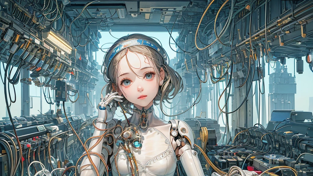 (((masterpiece))), (((Highest quality))), ((Very detailed)), (Highly detailed CG illustrations), ((Very delicate and beautiful)),(Cute and delicate face),Light,((1. Machine Girl)),alone,whole body,(Machine made joints:1.4),((Mechanical Limbs)),(Muscles bulge),(Blood vessels are connected to tubes),(Brain in a container:1.3),((Mechanical vertebrae attached to the back)),((Mechanical cervical vertebrae attached to the neck)),((Sitting)),poker face,(Wires and cables attached to head and body:1.5),Small breasts,short hair,(Character Focus),SF,Lying down,Shortcuts,Forehead out,A devastated society,alone,Wearing a headband