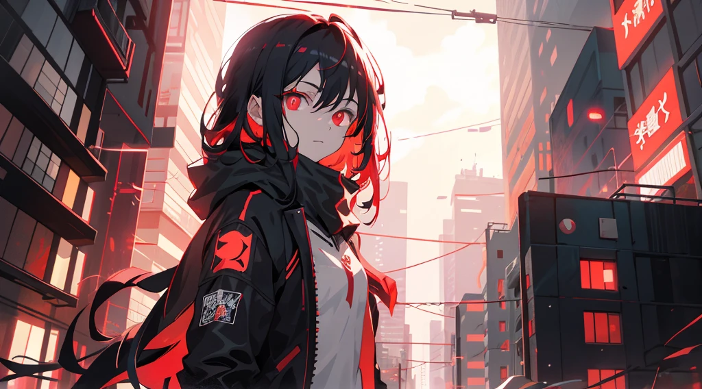 anime girl with red eyes and black hair in a city, with red glowing eyes, with glowing red eyes, anime cyberpunk art, detailed digital anime art, red eyes glowing, cyberpunk anime art, digital cyberpunk anime art, glowing red eyes, red glowing eyes, intense watery glowing red eyes, fully red eyes, luminous red eyes, with red eyes
