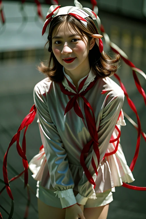 (It's raining heavily: 1.5), (((High school girl Dancing in the schoolyard in the rain: 1.5))), (Cute 18 year old schoolgirl), (((Rain-soaked body: 1.5 ))), (Sneaky Smile: 1.5), (((Hair is wet in the rain, Bangs are wet from the rain, Uniform collar blouse is wet in the rain: 1.5))), (( The blouse is transparent, blouse is wet and close to the skin: 2)), ((The skirt is wet)), ((Not wearing a bra)), ((The shadow of the nipple is visible on the chest: 1.2)) , ((Loosely tied red ribbon: 2)), ((1 female: 1.5)), (Anatomically correct proportions), Sexy proportions, (((Wound Pose))), ( (Dancing)), ((Above the knee shot: 1.5)), Detailed face, Detailed Hair, Detailed skin, Small face: 1.2, No makeup, Big Breasts, (( Short torso:1.2)), Narrow waist, Small Ass, ((1 screen)), 8k, RAW shot, Highest quality, masterpiece, Realistic photos