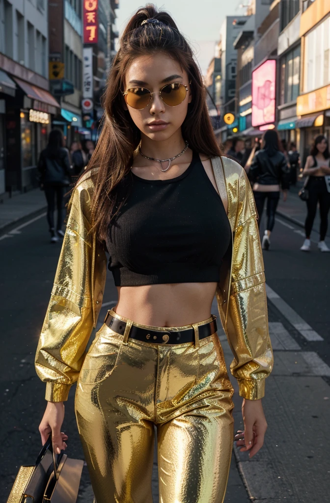 “Create an HD Ultra Realistic image of Young Attractive Asian Woman Sophie Tan in a Y2K-inspired fashion editorial. Sophie is dressed in a metallic gold crop top and matching pleather pants, accessorized with a silver chain belt and tinted sunglasses. The background is a futuristic urban street scene with neon signs and a glowing sunset. Use a professional camera with a 70mm lens to capture Sophie’s bold pose and the reflective quality of her outfit (1.3). The street setting should be blurred to ensure Sophie stands out, with post-production enhancing the sunset glow, adding a shimmering overlay, and using a vibrant color filter for a true Y2K editorial look (1.4).”
