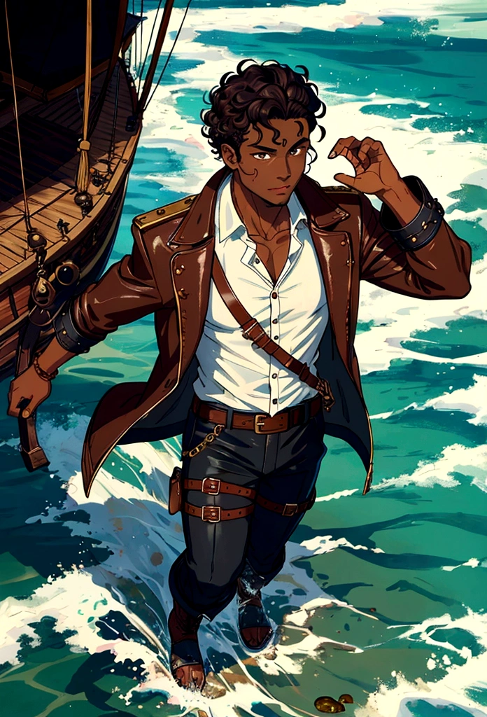 
Claro, Le! here is the updated prompt:

((Best quality)), ((Masterpiece)), (Detailed): Snail Galford, portrayed by Derek Luke, age 30, short curly black hair, intense brown eyes, dark skin, muscular build with a distinctive scar on his cheek, wearing a weathered brown leather jacket, white linen shirt, dark pants, high leather boots, and a belt with silver buckles. A colorful parrot on his shoulder. Background of a pirate ship on the open sea or a tropical island with treasure chests and gold coins, exuding charisma and bravery.