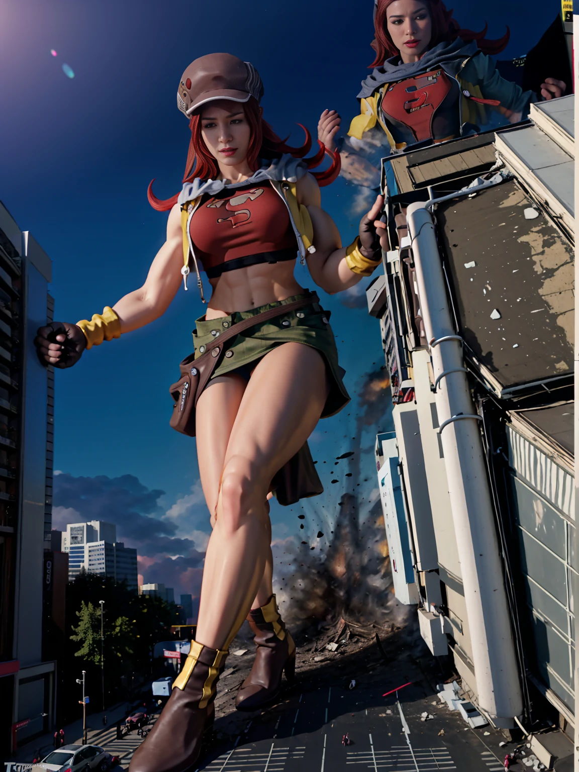 Towering supergirl, superheroine outfit, hair bow, midriff, toned arms, smug, abs, fingerless gloves, skirt, GTS, GTSCity, Looming, Rampage, Stepping, pleasure, excited,Sequential images, breast expansion, muscle gain, hat