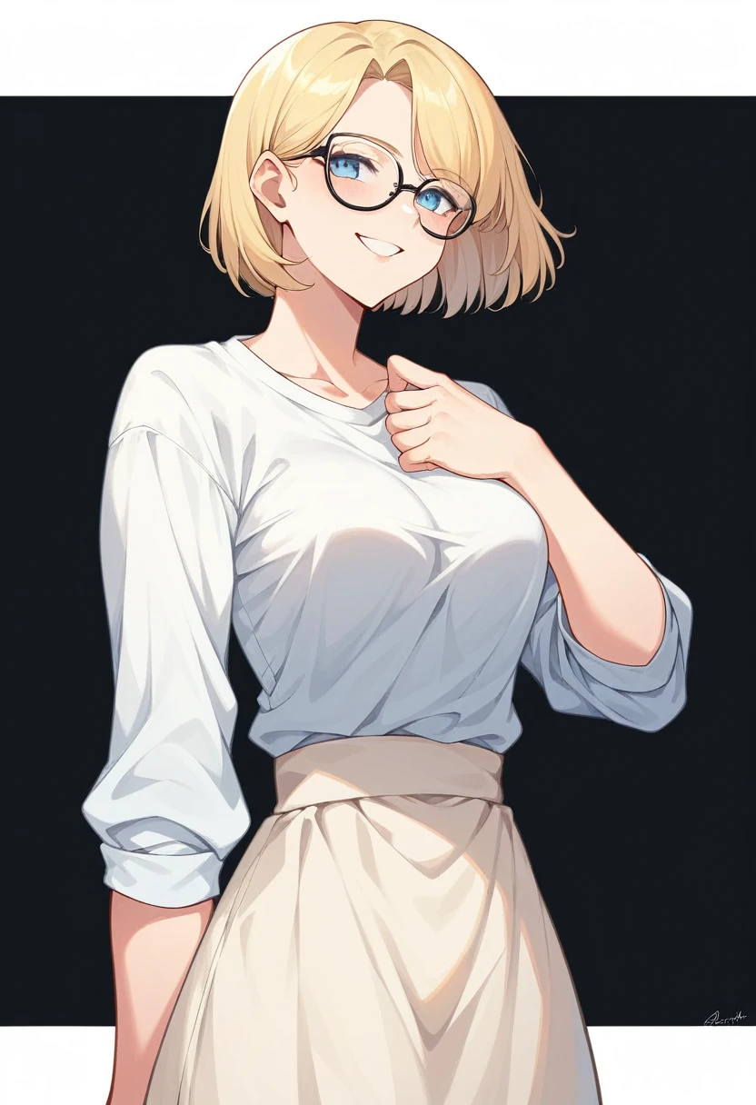 beautiful woman, beautiful face, solo, standing, medium bob cut blonde hair, light blue eyes, two points glasses, medium breasts, blue opened short jacket, white under shirt, white pleats long skirt, soft smile, (pinch one's her glasses), temptation pose, black background, no background, pastel 2d art, matte painting, anime, masterpiece 