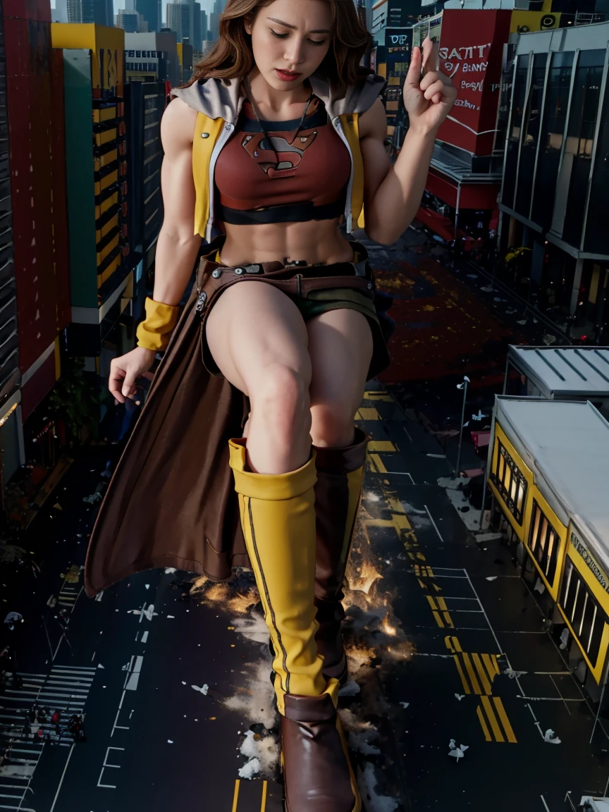 Towering supergirl, superheroine outfit, hair bow,  midriff, toned arms, smug, abs, fingerless gloves, skirt, GTS, GTSCity, Looming, Rampage, Stepping, pleasure, excited,Sequential images, breast expansion, muscle gain