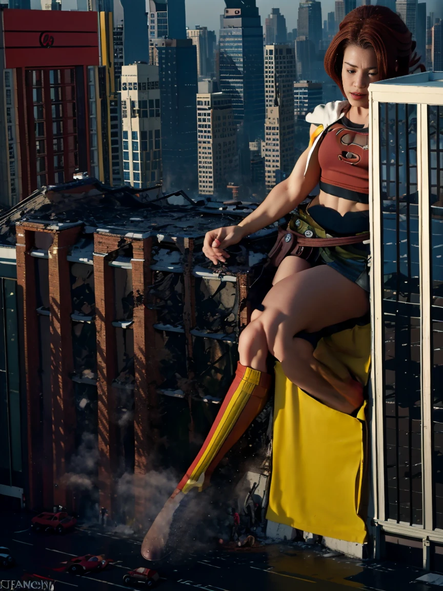 Towering supergirl, superheroine outfit, hair bow,  midriff, toned arms, smug, abs, fingerless gloves, skirt, GTS, GTSCity, Looming, Rampage, Stepping, pleasure, excited,Sequential images, breast expansion, muscle gain