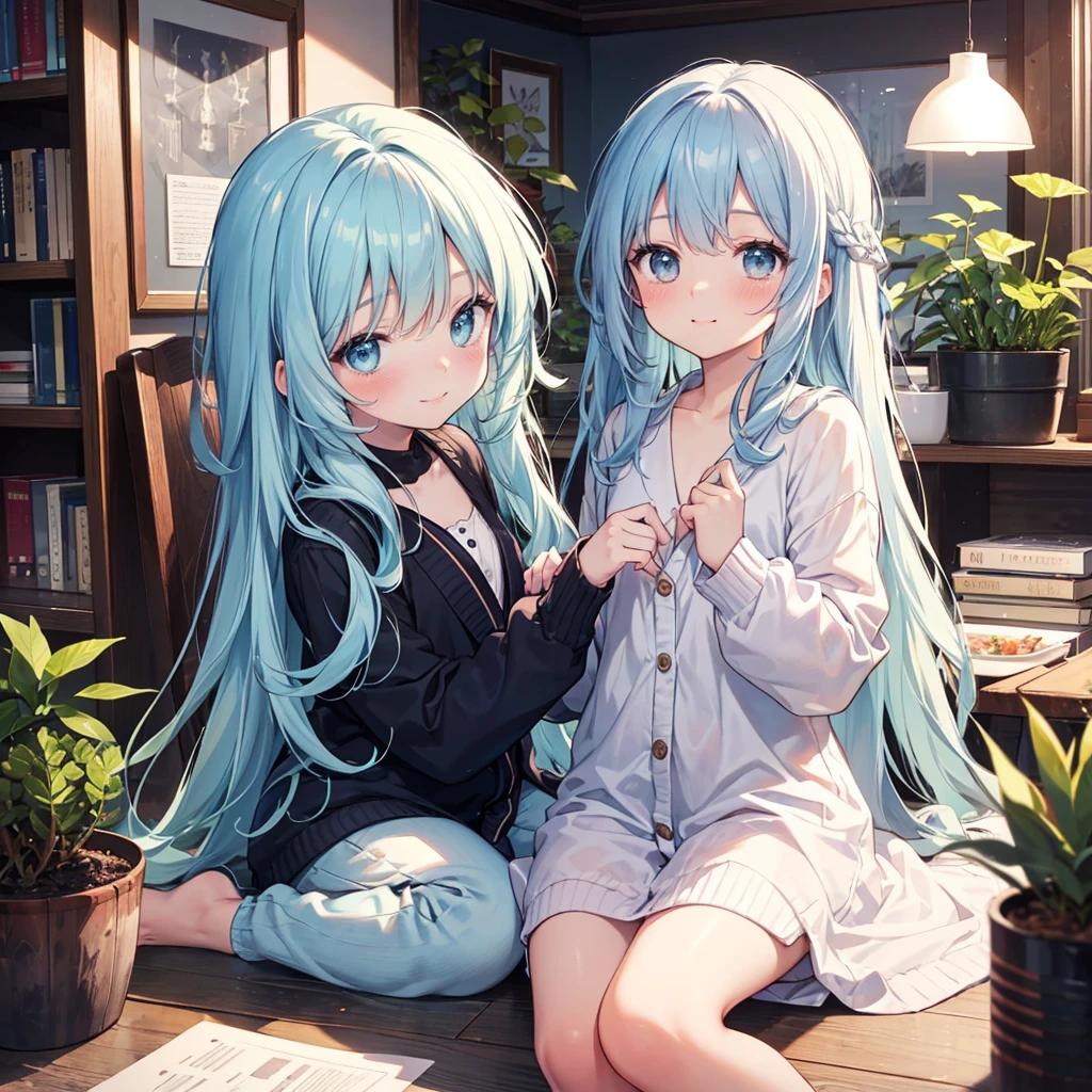 masterpiece, best quality, extremely detailed, (illustration, official art:1.1), 1 girl ,(((( light blue long hair)))), ,(((( light blue long hair)))),light blue hair, long hair ((blush)) , cute face, big eyes, masterpiece, best quality,,tareme,Baby Face,flat chest,cardigan、cute、woman、succulent plants、indoor、morning、long hair、、smile、half up、mysterious,