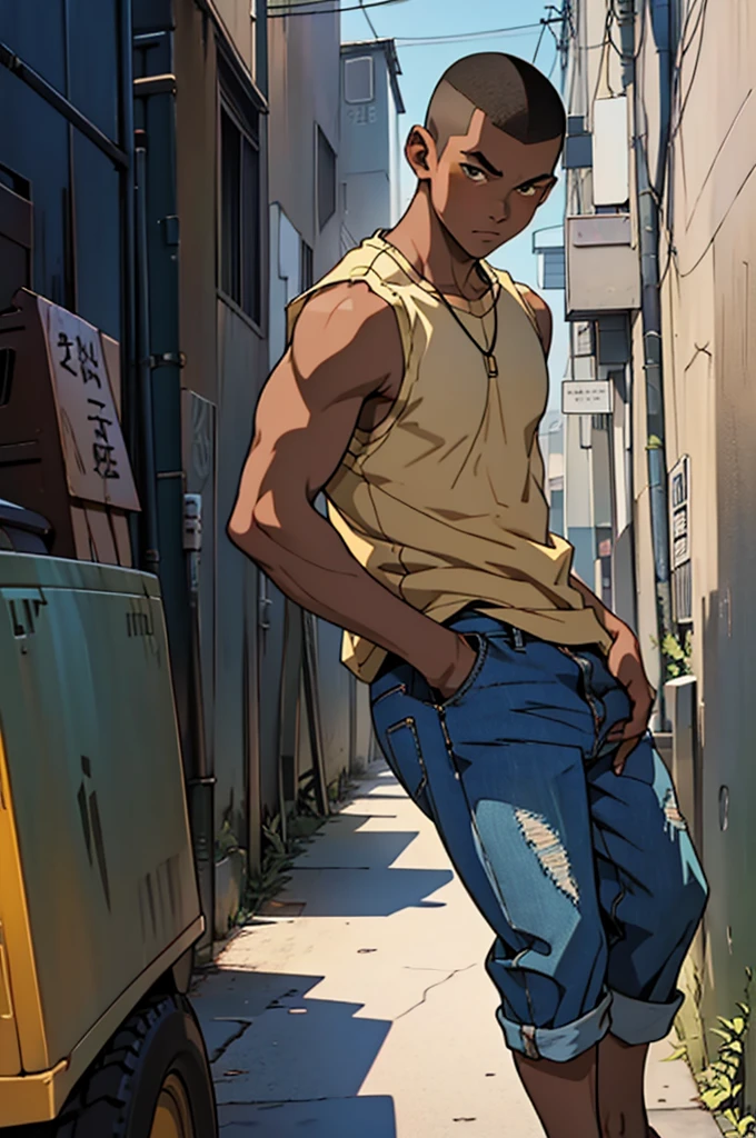 ((Work of art)), 4k, 90s anime style features, 1 boy, age 11, completely black skin, buzzcut hair, wears a sleeveless shirt, loose beige jeans, a pair of flip-flops, looking at the viewer , semi-serious look, groove street location, afternoon time.