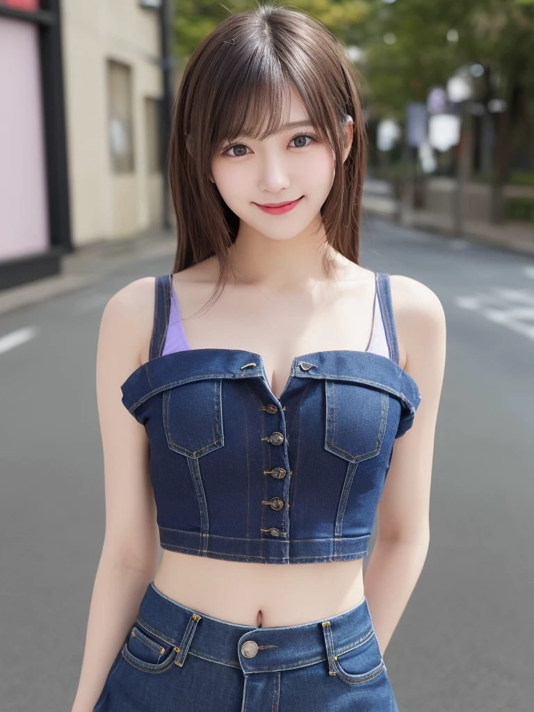 (Bold exposure:1.8)、A large, firm and beautifully shaped chest、Purple bra、Plain navy denim micro mini skirt、(Purple braとPlain navy denim micro mini skirtの2着だけしか着ていない:1.8)、Naked shoulders、bare clavicle、Deep cleavage、(The bust is never visible:1.8)、Tabletop, Highest quality, figure, Super detailed, In detail, High resolution, 8k wallpaper, Perfect dynamic composition, Beautiful attention to detail, ,Medium Hair,Natural color lip, Bold sexy pose,smile,Harajuku、20-year-old girl、cute、sexy shot looking at camera