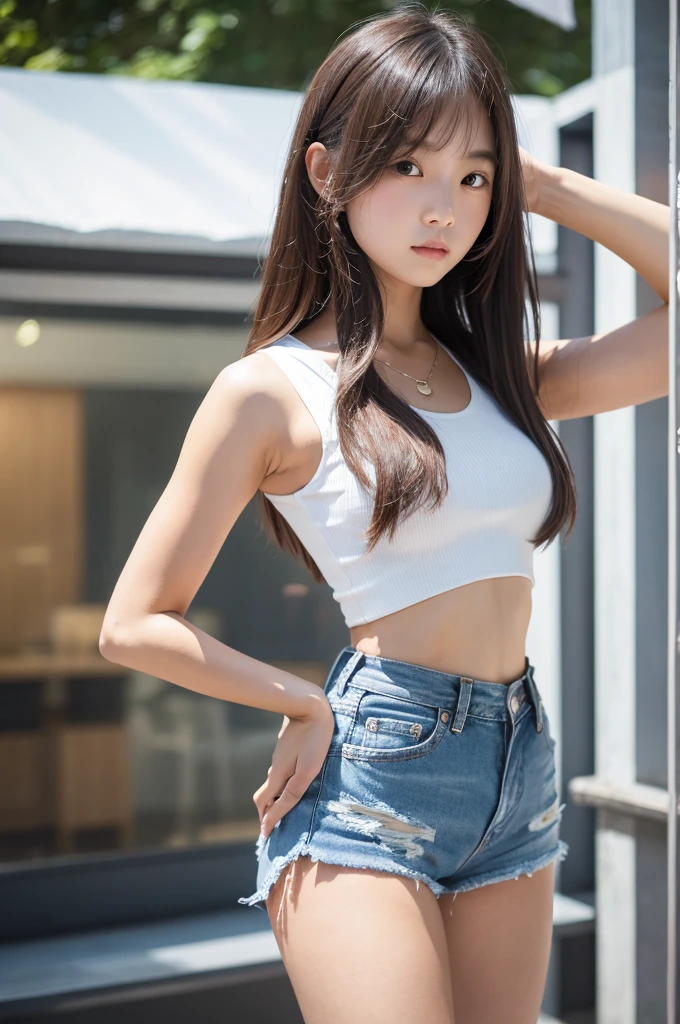 One girl, alone,Are standing_Split, Long Hair, White sleeveless tank top,Blue Denim Shorts