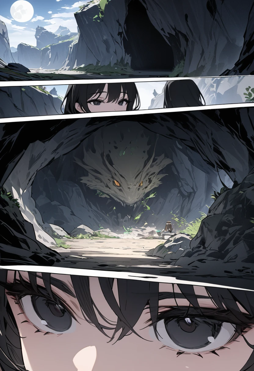 ((highest quality)), ((masterpiece)), (detailed), comic e-book storyboard, A gecko Corrupted by the shadows in a cave on the moon with black eyes masterpiece (1.2) 8k HD