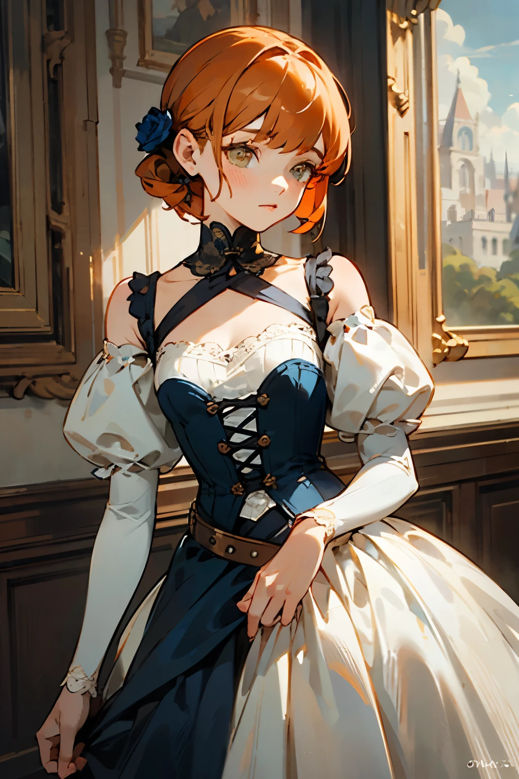 masterpiece, best quality, Extremely delicate and beautiful girl,Extremely delicate and beautiful, world masterpiece theater, Extremely detailed, Very detailed, best quality, high resolution, Extremely detailed,1 Girl, Girl, best quality, illustration, Looking at the audience, Dough, canvas, painting, realistic, realist ,real,Extremely delicate and beautiful girl,,Victorian style corset dress,Belts and tassels, Dark blue and light red striped lace, A small red rose tattoo on the collarbone,Amber eyes,Bright and spirited,Low-key yet noble temperament,Extremely delicate and beautiful, world masterpiece theater, Extremely detailed, Very detailed, best quality, Orange hair, Short hair with shoulder length,One strand of hair tied on one side,Slightly curled,Delicate facial features