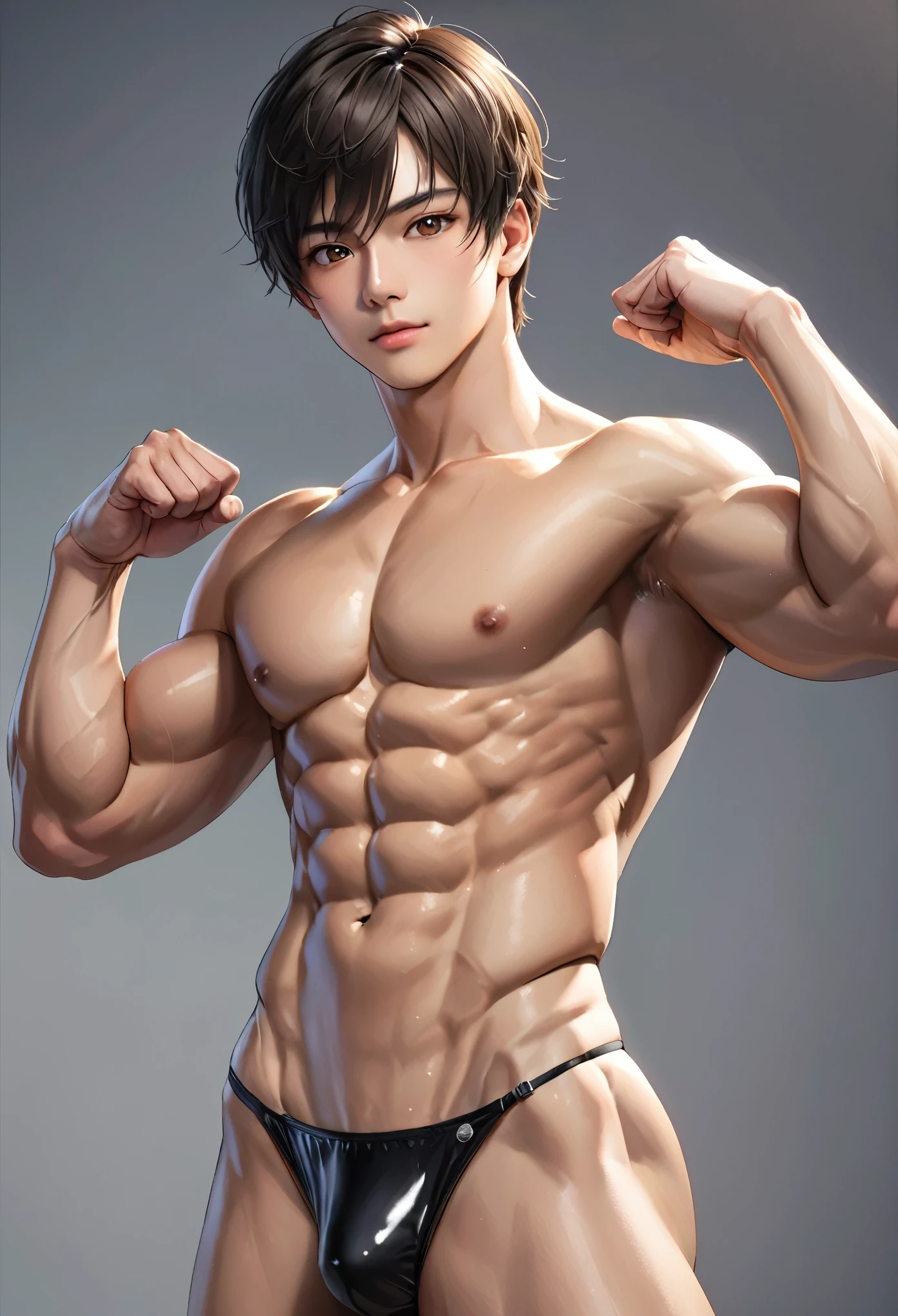 (best quality), Realistic, flexing, 16 year old Japanese idol body builder boy, (abs:1.4), black short hair, shiny skin, (detailed brown eyes:1.1), (smile:0.8), (black tiny thong), bulge, puffy nipples, detailed areola,