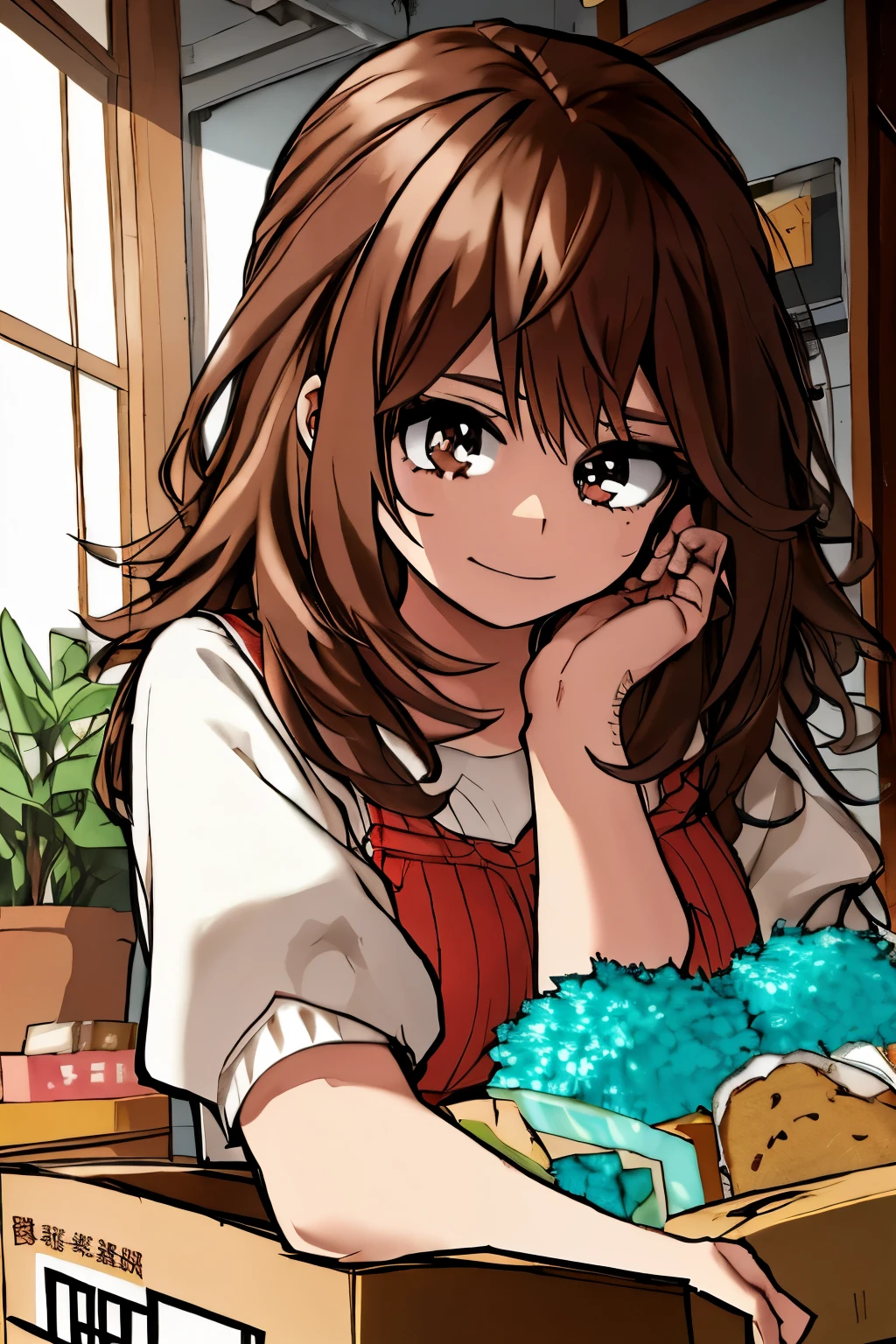woman、During delivery、Brown Hair、shoulder-length hair、Cute pose、No background、One girl、Are standing