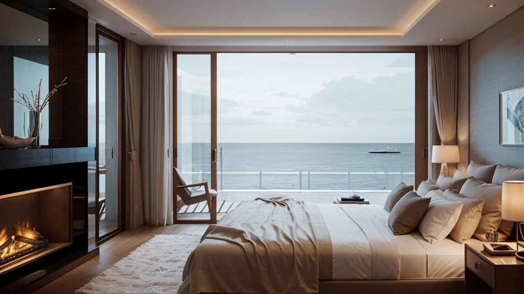 Bedroom view,Sea view, Luxurious environment, Warm ambient lighting, Luxury apartment interior, Night Rendering, Ambient lighting at night, Cozy living room, Warm light indoors, Architectural Visualization, In the seaside environment, Stunning rendering, Fireplace lighting, Accent Lighting : : Peugeot Agate, Warm interior, Stunning rendering, Penthouse,Snow Scene