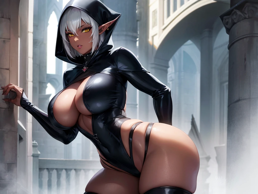 1 Woman, solo, dark elf, matured, seductive, dark skin, extremely dark skin, silver hair, short hair, pointy ears, yellow eyes, lips, thicc, large breasts, large buttocks, medieval streets, raining, grey coloured assassin clothing, assassin hood, absurdres, high res, ultrasharp, 8K, masterpiece, looking at viewer