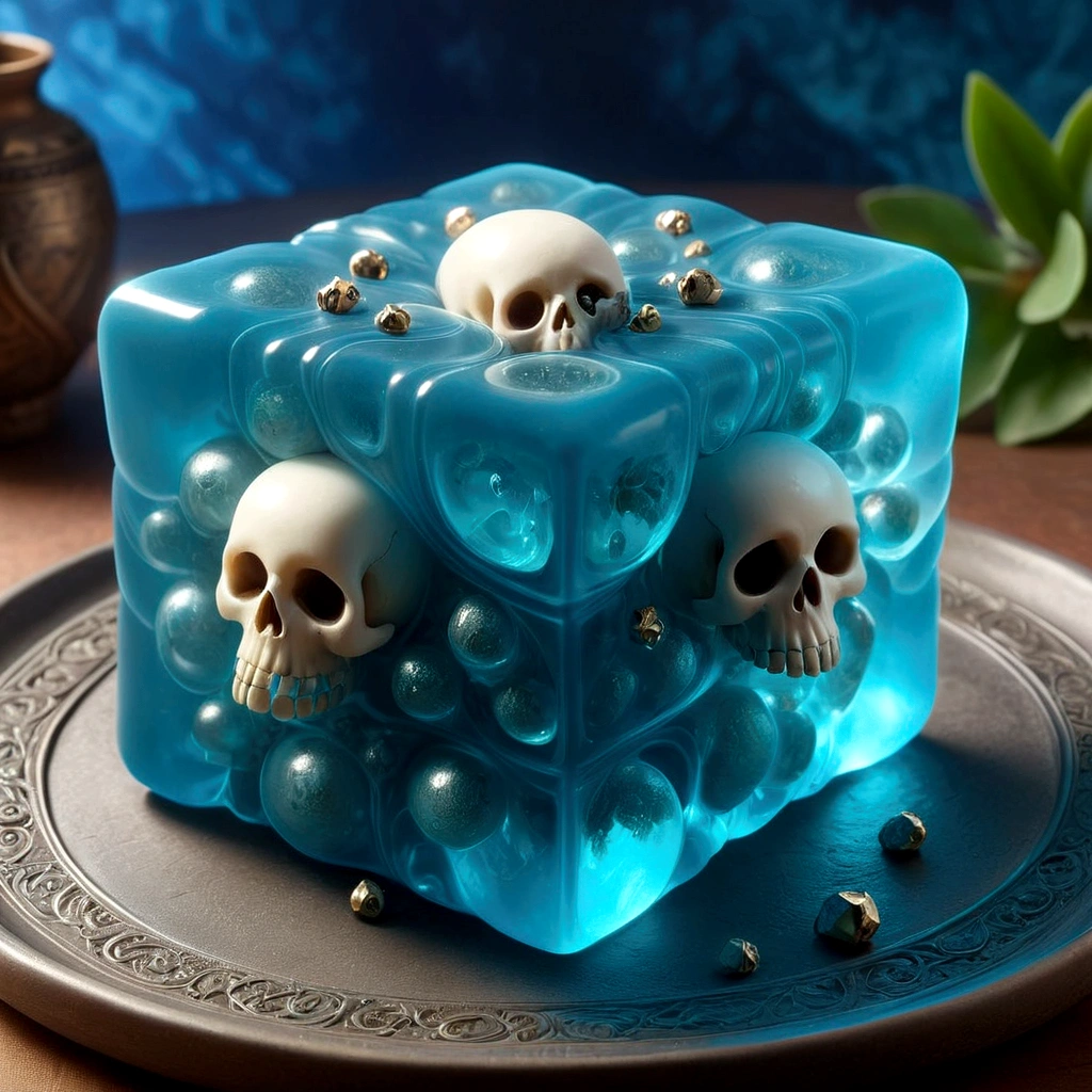 The Gelatinous Cubes are a dazzling array of bite-sized treats, each cube exhibiting a vibrant and otherworldly glow. These cubes are slightly translucent, allowing glimpses of the magical ingredients suspended within. They come in an assortment of jewel-toned colors such as emerald green, sapphire blue, amethyst purple, and ruby red, each hue intensified by the arcane food coloring used in their creation. Each cube is perfectly formed with sharp edges and a smooth surface, reflecting light in a mesmerizing way. The outer layer of the cubes is coated with a fine dusting of shimmering coconut flakes, which add a delicate, frosty appearance and a slight iridescence, making the cubes sparkle as if dusted with fairy dust. Embedded within the gelatinous cubes are tiny pieces of bone or tiny animal skulls, adding texture and a speckled, multi-dimensional look. The Gelatinous Cubes are artfully arranged on an enchanted serving platter made from polished obsidian, inlaid with silver runes that softly glow with a pale blue light. Surrounding the cubes on the platter are delicate sprigs of enchanted herbs and edible flowers from the Feywild, adding a touch of natural beauty and a fresh, aromatic fragrance to the presentation. 
