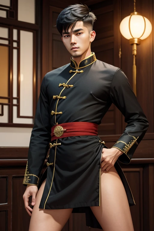 a young man having long legs, thick thighs, large hips, thin and narrow weist, and Chinese dress, very small spikey boyish haircut, man , wide hips, bearded man, man,penis bulge