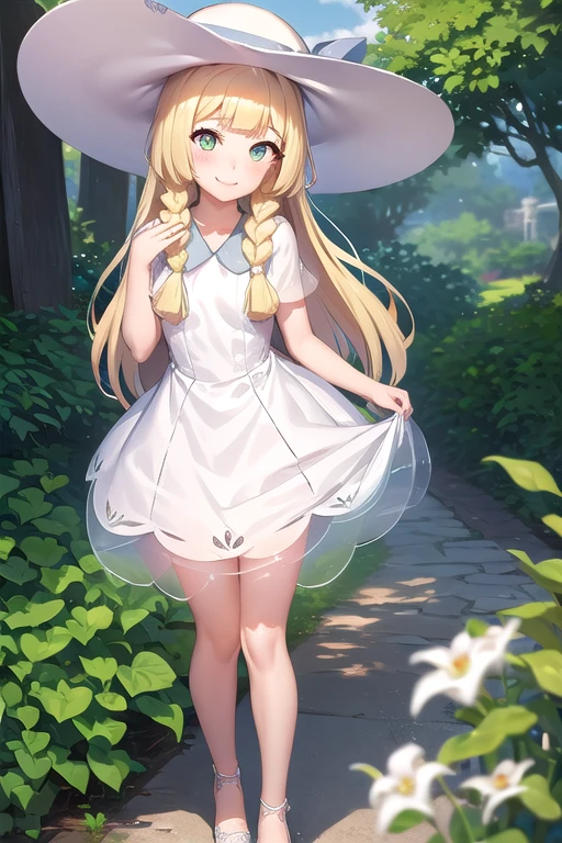 1 girl, masterpiece, top quality, lillie (pokemon), lillie, dress, green eyes, blonde hair, long hair, white dress, blush, white hat, big hat, looking at viewer, 10 years old, braids, twin braids, blonde, Full body image, outdoors, nature, sky, cute, happy, nice smile, young, bright sunlight, lily flower, have flowers, white lily, (masterpiece:1.2), best quality, high resolution, unity 8k wallpaper, (illustration:0.8), (beautiful detailed eyes:1.6), extremely detailed face, perfect lighting, extremely detailed CG, (perfect hands, perfect anatomy),