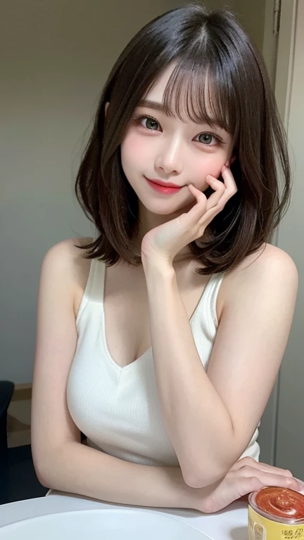 finely, High resolution, high quality、完璧なダイナミックな構shape, Beautiful and beautiful eyes, Medium Hair, Small breasts、Natural color lip,Kamimehibuya、20-year-old girl、1 person、Clear Skin、Shiny Hair、Tabletop, 最high quality, shape, Very detailed, finely, High resolution, 8k、The correct state of the human body、Cute pose,short hair,Beautiful legs,Perfect beautiful face,KPOP idol faces,smile,、Use cool and dark colors、Use eye-catching accent colors。