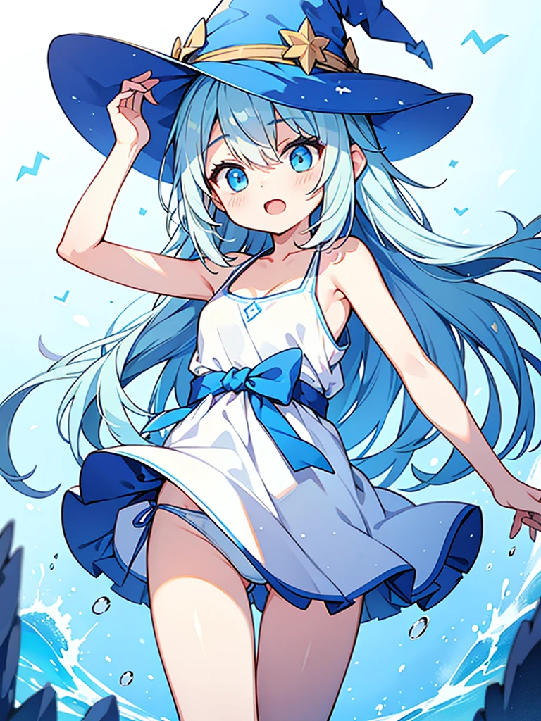 hyper cute shota,light blue witch hat,light blue loose long hair,
tank-top-bikini,