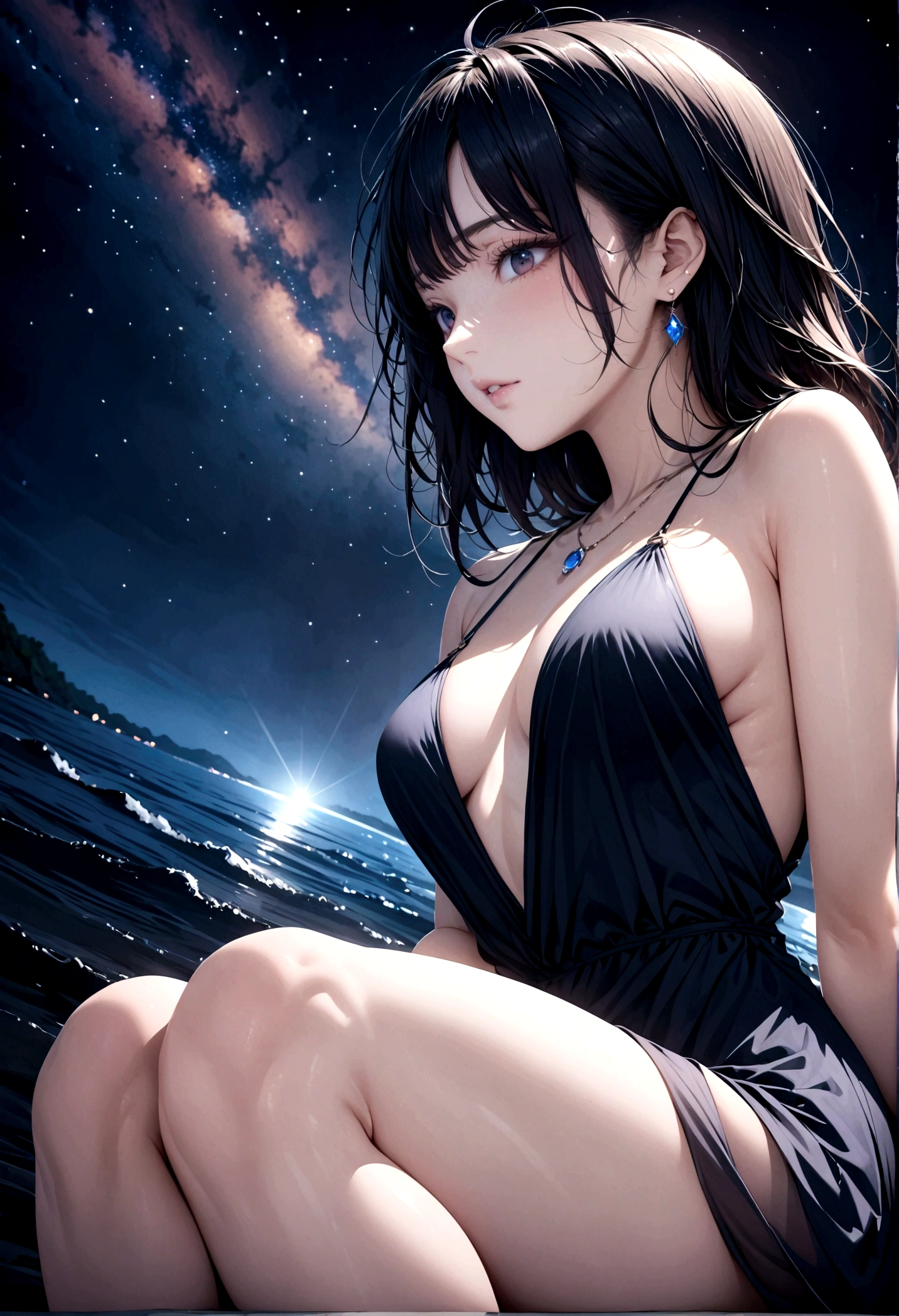 8k, masterpiece, RAW Photos, Highest quality, Realistic, Very detailed, Depth of written boundary, Cinematic Light, Anatomically correct body,
One elegant beautiful mature woman, Wavy black long hair, Very beautiful face, Exquisitely detailed face, Goddess-like deity々Beautiful,
Glamorous Body, Very sensitive skin, Transparent white skin, (Beautiful legs:1.1),
See-through high slit dress, Detailed cloth texture, Gorgeous necklace, Gorgeous earrings,
Dark starry background, Milky Way Galaxy, Meteors, Dark coastline at night, Pitch black sea surface,
Low angle shot,
